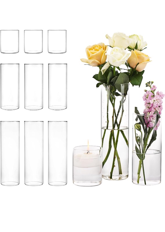 Photo 1 of CUCUMI 12 Pack Glass Cylinder Vase 4, 8,12 Inch Tall Clear Vases for Wedding Centerpieces Flower Vases for Rustic Home Decor Formal Dinners Party Event Floating Hurricane Candle Holder Vase
