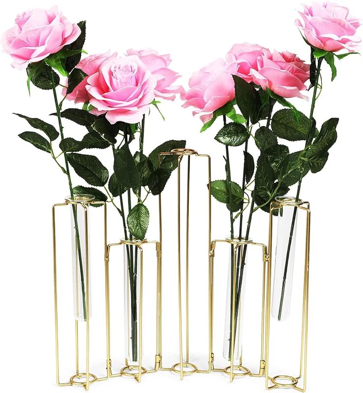 Photo 1 of 6-Pack Metal Hinged Plant Stand Set with Glass Test Tube Vases (Gold)
