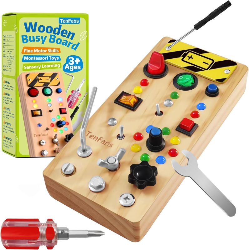 Photo 1 of TenFans Wooden Montessori Busy Board with LED Light Switch and Screwdriver Tools - Sensory Toy for Toddlers 3+ Year Old Boys - Travel Activity and Educational Learning Toy Improves Fine Motor Skills
