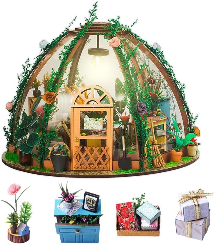 Photo 1 of TuKIIE DIY Miniature Dollhouse Kit with Furniture, 1:24 Scale Creative Room Mini Greenhouse Wooden Doll House for Kids Teens Adults(Star Garden)
