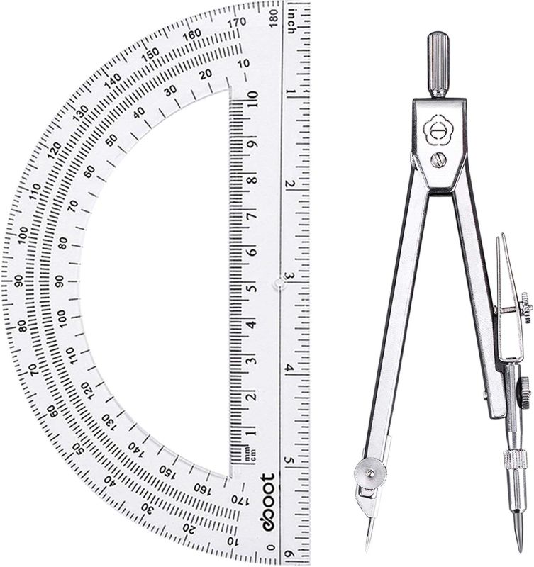 Photo 1 of EBOOT Student Geometry Math Set, Drawing Compass and 6 Inch Clear Swing Arm Protractors 180 Degree Math Protractor (Argent, Classic)
