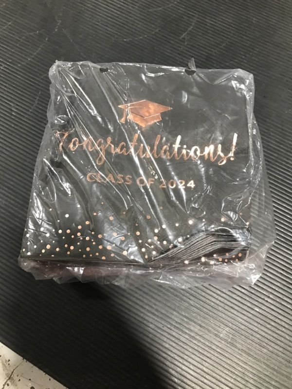 Photo 2 of 100Pcs Class of 2024 Graduation Napkins, Disposable Congratulation Grad Paper Cocktail Napkins Square Guest Hand Towel for 2024 School University College Graduation Party Decorations?Black RoseGold? Black RoseGold 100pcs