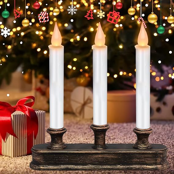 Photo 1 of 3-Light Window Candle Lamps with Bronze Plated Holder Flameless Flickering BO LED Ivory Taper Candles with Light Control Battery Powered for Indoor Window Table Decoration
