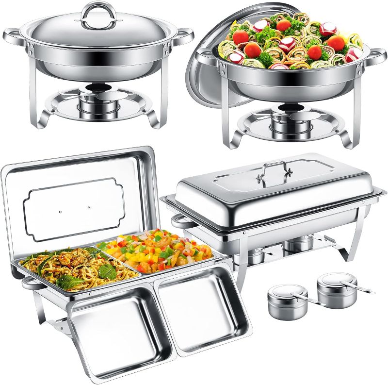 Photo 1 of 4 Pcs Chafing Dishes Buffet Set Stainless Steel Chafing Dishes 9.5 Qt Rectangular Chafers 3.7 Qt Round Buffet Warmers Set Silver Food Warm with Folding Frame for Banquet Party Catering Supplies