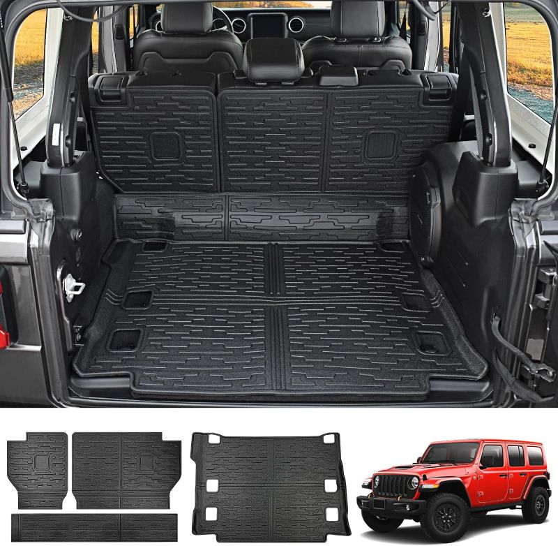 Photo 1 of Cargo Liner with Seat Back Cover Fit for 2021-2024 Jeep Wrangler JL Unlimited 4XE with Subwoofer Cargo Mat TPE Trunk Floor Mat All Weather for Jeep Wrangler Accessories(Cargo Mat+Backrest Mat)