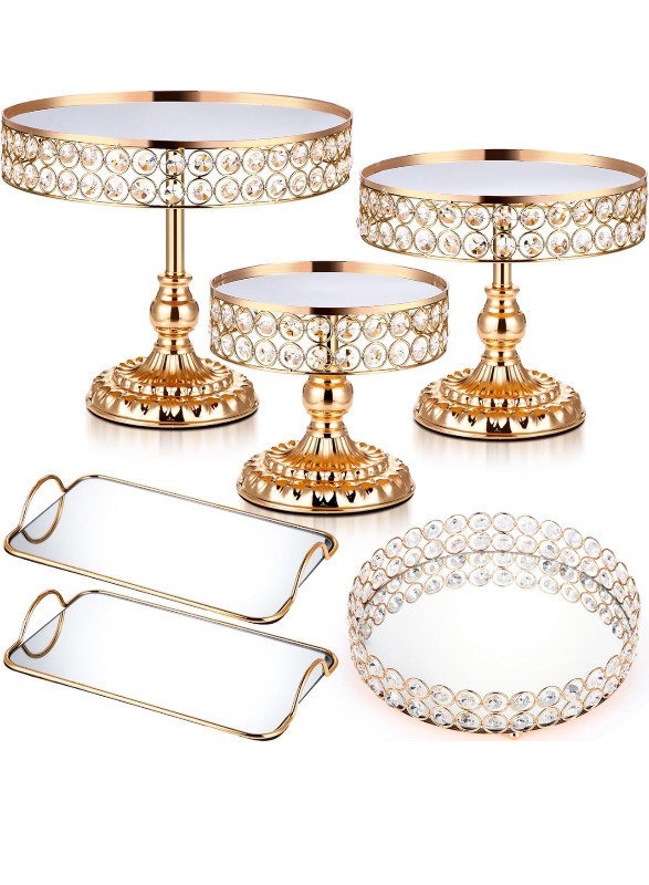 Photo 1 of Sieral 6 Pcs Gold Cake Stand Wedding Dessert Table Display Set Crystal Mirror Cupcake Cookie Holder Fruit Plate Display Tower for Baby Shower Graduation Birthday Home Celebration Party Decoration