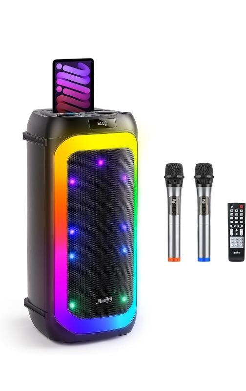 Photo 1 of Moukey 360W Portable PA Speaker, Dual 6.5" Woofer Party Karaoke Machine for Adults, with 2 UHF Wireless Microphones & Disco Lights, Support Bluetooth/TWS/AUX/USB/TF/FM/Echo Adjustment, MHs265-1