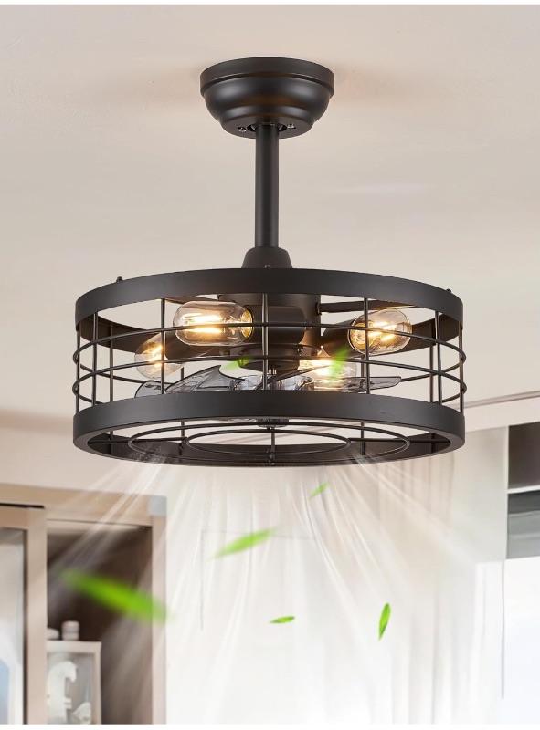 Photo 1 of LEDIARY 16.5 inch Black Caged Ceiling Fan with Light, Bladeless Industrial Ceiling Fan with Remote, Farmhouse Fan Lights Ceiling Fixtures for Kitchen, Bedroom?6 Speed, Timing?-Black