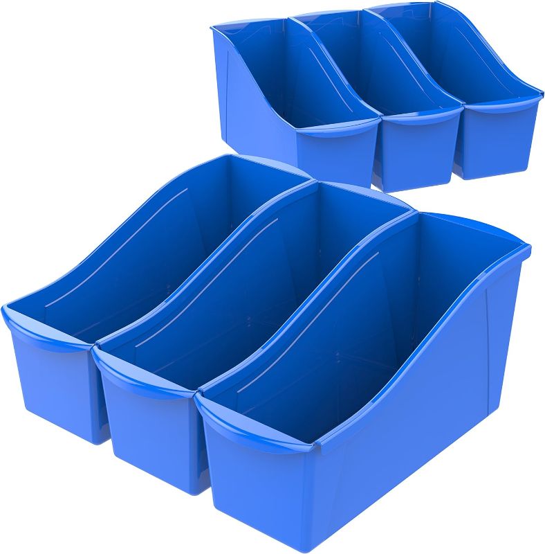 Photo 1 of Storex Large Book Bin, Interlocking Plastic Organizer for Home, Office and Classroom, Blue, 6-Pack (71101A06C)
