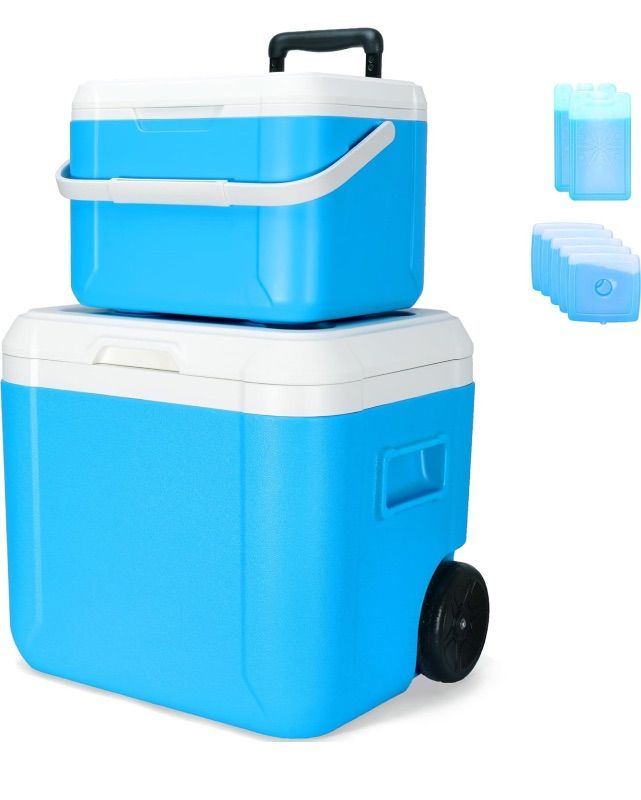 Photo 1 of Cooler 52 & 18 Quart Insulated Ice Chest Box with Wheels Portable Rolling Cooler, Hard Cooler with 7 Ice Packs for Camping, Beach, Boat, Picnic, Fishing Keep Ice Up to 5 Days - Wheeled Cooler