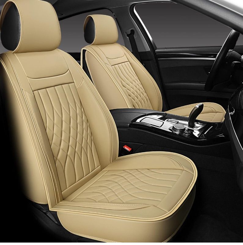 Photo 1 of Sanwom Leather Car Seat Covers 2 PCS Front, Universal Automotive Vehicle Seat Covers, Waterproof Vehicle Seat Covers for Most Sedan SUV Pick-up Truck, Beige