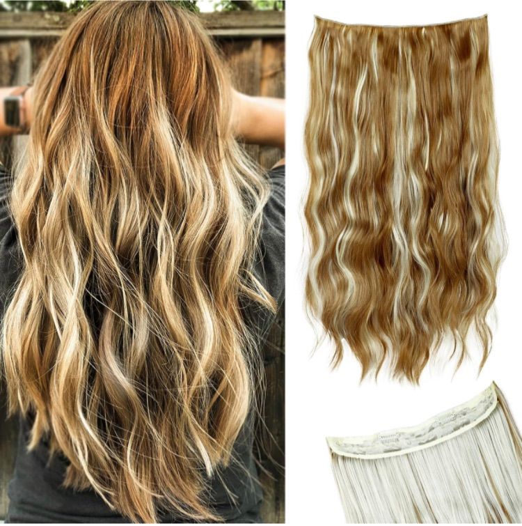 Photo 1 of Halo Hair Extensions for Women Wavy Curly Hair Extensions Invisible Wire Adjustable Size Removable Secure Clip in Extensions(Brown Highlights)