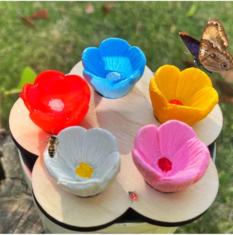 Photo 1 of Bee Drinking Cups Water for Garden - Mini Watering Cup for Thirsty Pollinator - Ideal for Bees, Butterflies and Other Insects - Garden Decor - Colorful 5 Pack with Holder