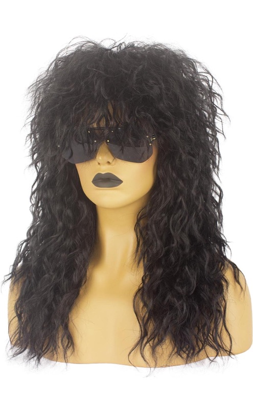 Photo 1 of 80s Costumes for Men and Women 80s Rock Long Black Mullet Wig Halloween Costume Mens Wigs Long Curly Party Funny Wig
