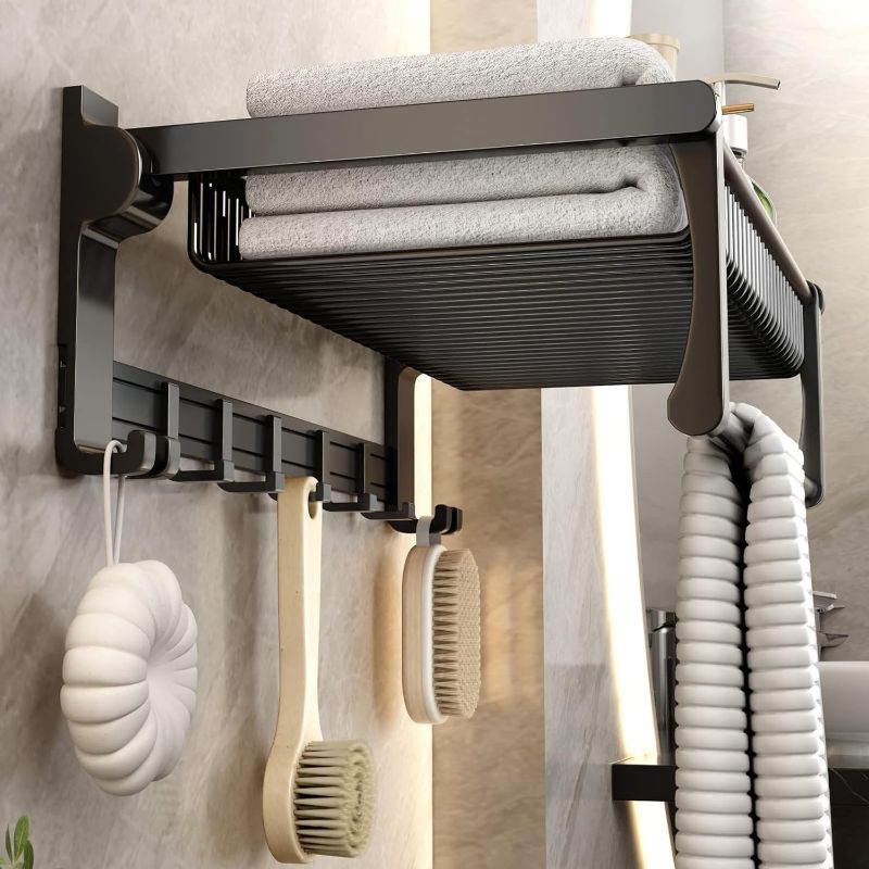 Photo 1 of VOLPONE Towel Rack for Bathroom Towel Storage Wall Mounted Foldable Towel Shelf with Towel Bar Hooks No Assembly Required 24-Inch Black
