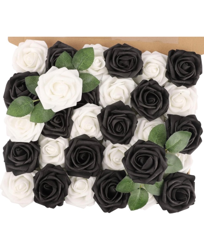 Photo 1 of MACTING 30PCS Artificial Flowers, Fake Flowers with Stem, Real Touch Foam Roses for Kissing Ball Corsage Party Baby Shower Mothers Day Home Wedding Decorations(Black and White)