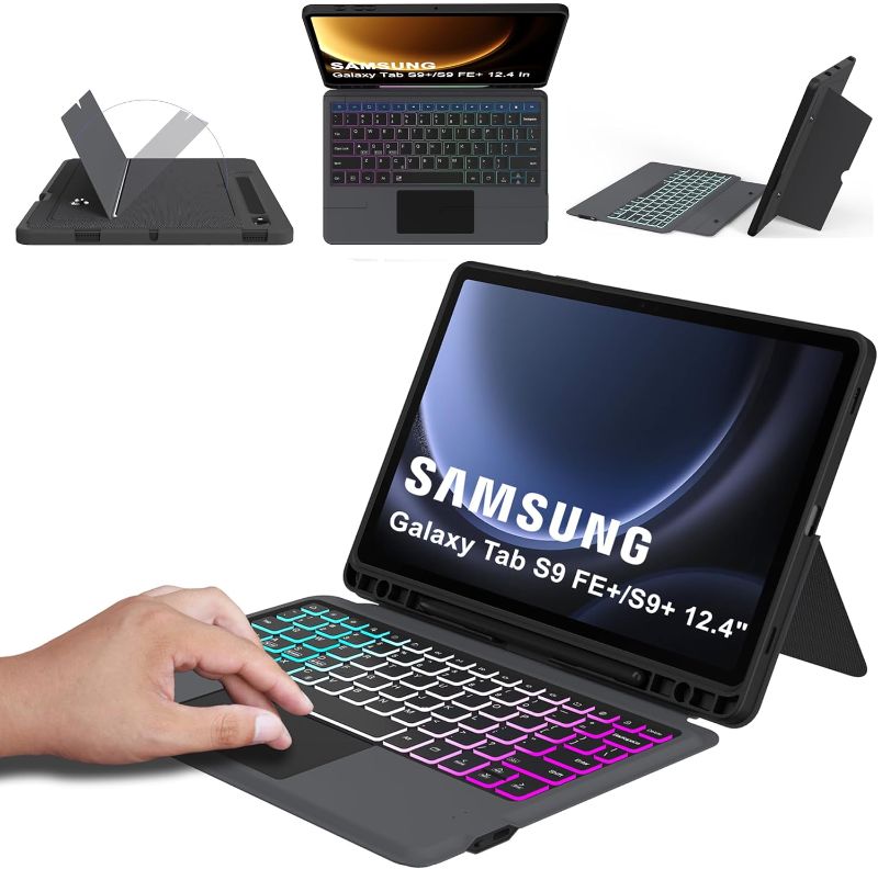 Photo 1 of for 12.4 inch Samsung Galaxy Tab S9 FE+/S9+ Case with Detachable Keyboard : DIY 3-Zone 7 Colors Backlit Keyboard Cases with Touchpad - Tab S9 FE Plus/S9 Plus 12.4" Keyboard Case with S Pen Holder
