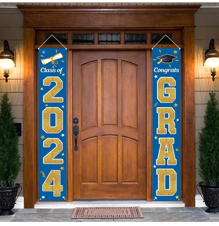 Photo 1 of KMUYSL Graduation Decorations Class of 2024, Blue & Gold Congrats Grad Banner Hanging Flags Porch Sign, 2024 Graduation Decorations Party Supplies for Any School Indoor/Outdoor Decor