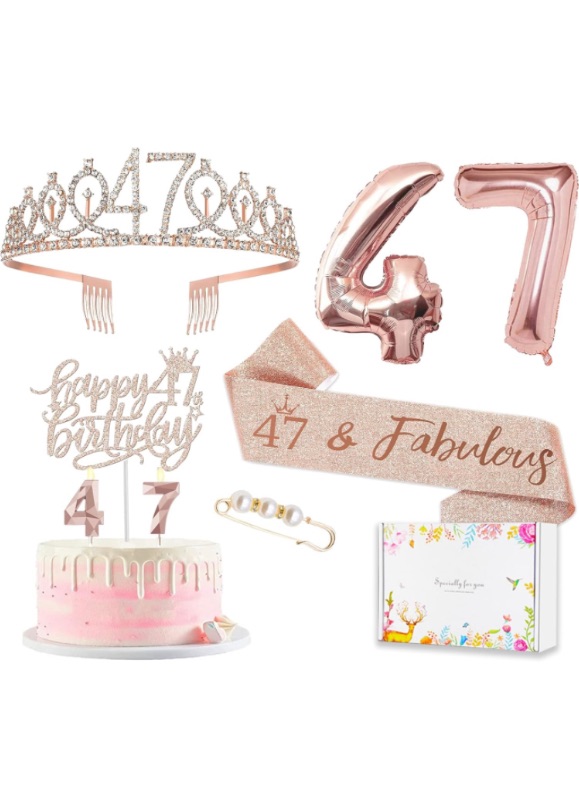Photo 1 of 47th Birthday Decorations for Her Women, Including 47 year old Birthday Cake Topper, Birthday Queen Sash with Pearl Pin, Sweet Rhinestone Tiara Crown, Number Candles and Balloons Set, Rose Gold