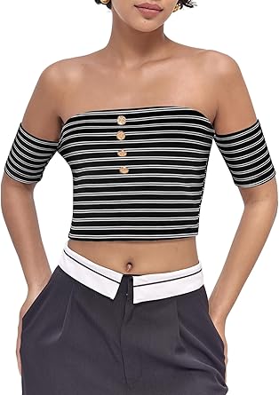 Photo 1 of AMIMIV Womens Off The Shoulder Crop Tops Striped Short Sleeve Summer Going Out Button Fitted Sexy Y2k Shirts