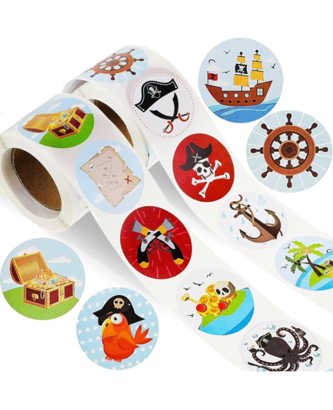 Photo 1 of 500 Pieces Pirate Stickers Fun Pirate Themed Stickers Assorted Pirate Roll Stickers Bulk Pirate Wall Decals Pirate Birthday Party Favor Stickers for Girls Boys