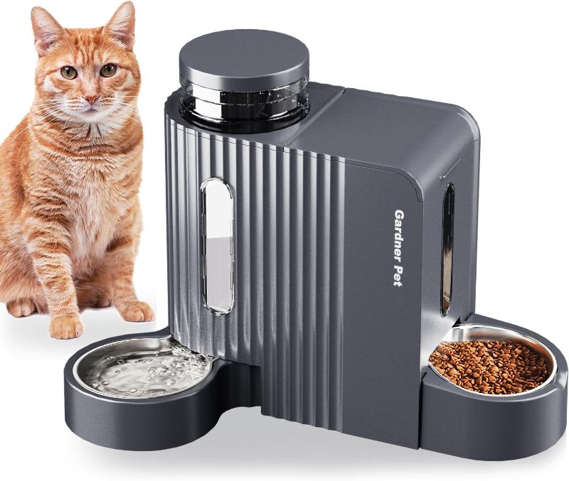 Photo 1 of Automatic Gravity Cat Food Feeder and Water Dispenser Stainless Steel Two-in-One Set Large Capacity Dispenser for Pets Dogs, Puppies, Kittens, Rabbits
