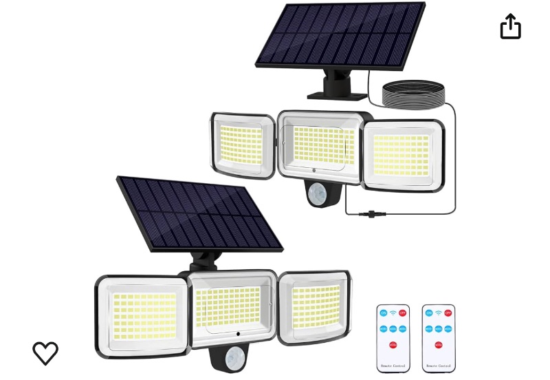 Photo 1 of Adiding Solar Outdoor Lights, 3 Heads 3500LM LED Flood Light with 16.4 Ft Cable, 4 Modes Motion Sensor Solar Lights for Outside with Remote, Solar Powered Security Lights for Patio,Yard,Garage, 2 Pack