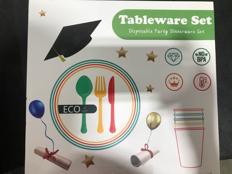 Photo 1 of 205pcs Graduation Party Supplies, Blue Gold Graduation Decorations Class of 2024 with Congrats Grad Banner Graduation Plates and Napkins Knives Cups Forks Spoons Tablecloth Balloons-Serve 24