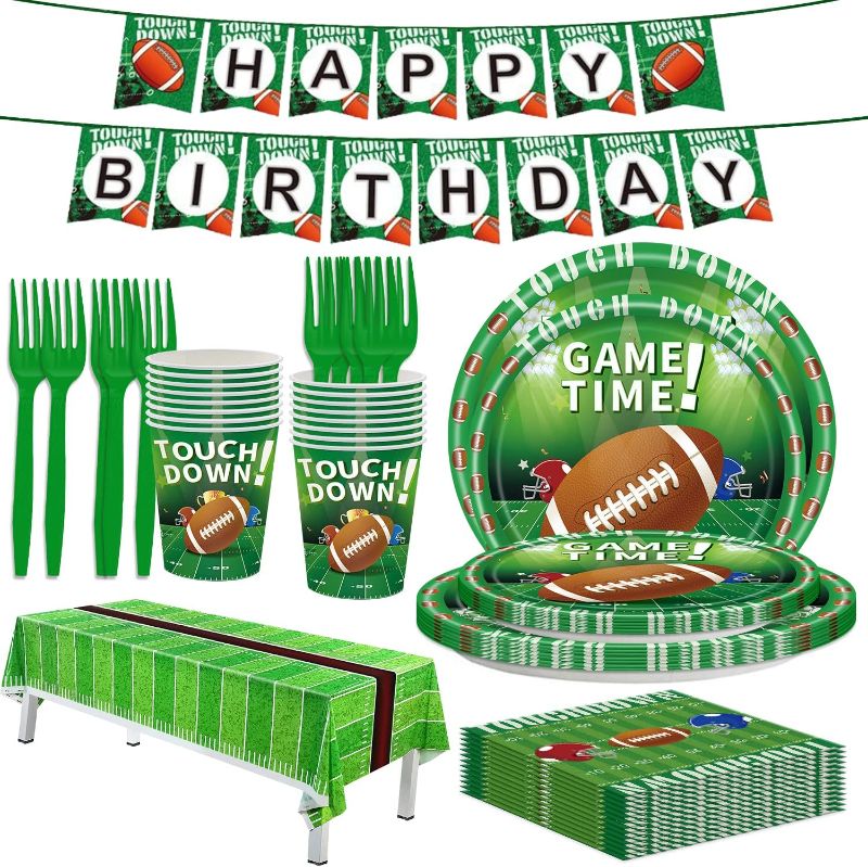 Photo 1 of Football Party Supplies Football Party Decorations Includes Table Cloth,Happy Birthday Banner, Plates Cups Napkins for 16 Guest