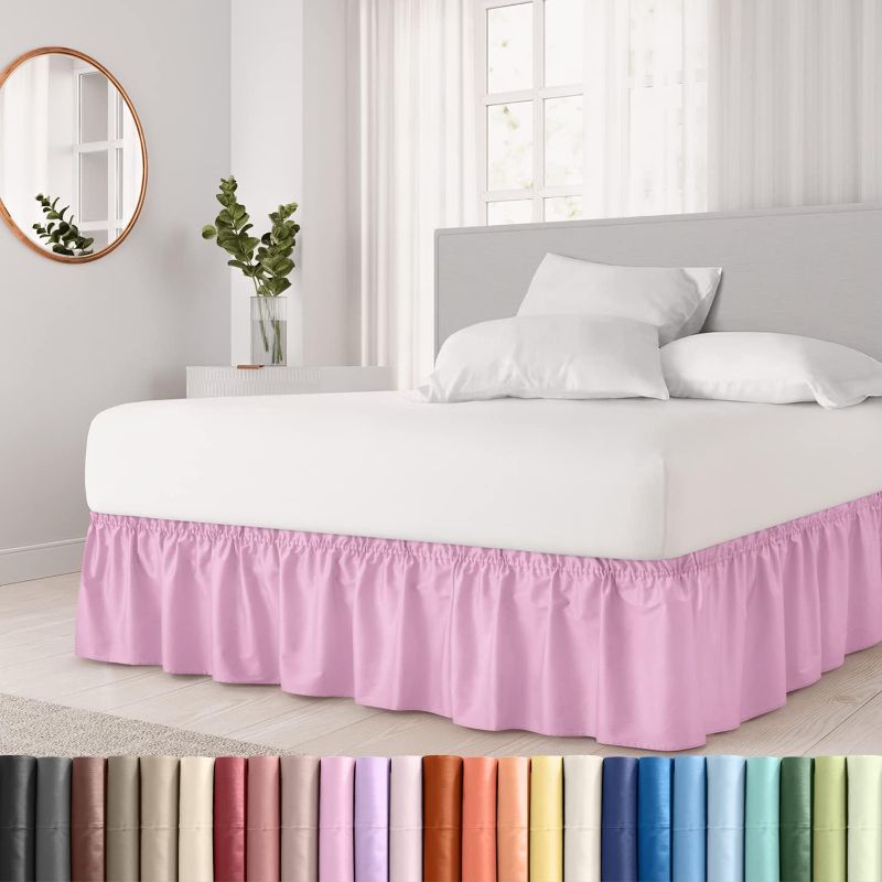 Photo 1 of Wrap Around Dust Ruffle Bed Skirt - Light Pink - for Queen Size Beds with 15 in. Drop - Easy Fit Elastic Strap - Pleated Bedskirt with Brushed Fabric -...
