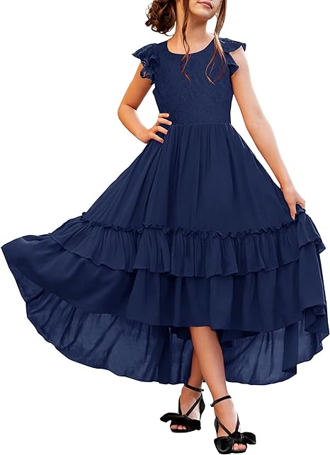 Photo 1 of 6-12YRS HOSIKA Girls Lace Boho Flower Girl Dress Ruffle Sleeve A-Line Formal Dresses for Wedding Party 6-12 Years
