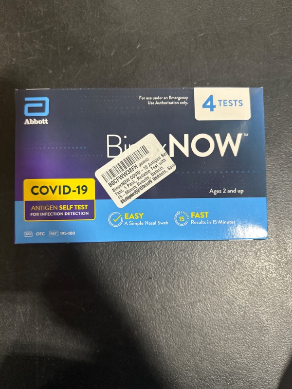 Photo 2 of BinaxNOW COVID-19 Antigen Self Test, 1 Pack, 2 Tests Total, COVID Test With 15-Minute Results Without Sending to a Lab, Easy to Use at Home 2 Test Total