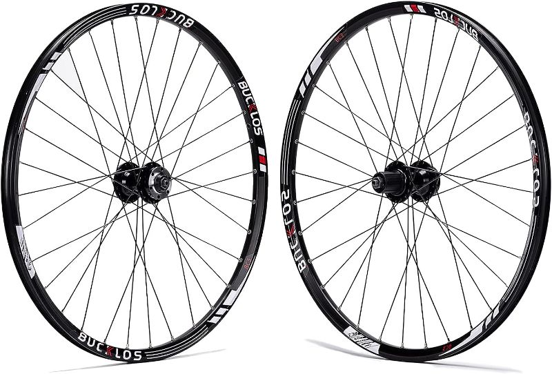Photo 1 of BUCKLOS Mountain Bike Wheelset 26/27.5/29 Inch, Aluminum Alloy Rim 32H Disc Brake MTB Wheelset, Quick Release Front Rear Wheels Black Bike Wheels, Fit 8-10 Speed Cassette Bicycle Wheelset
