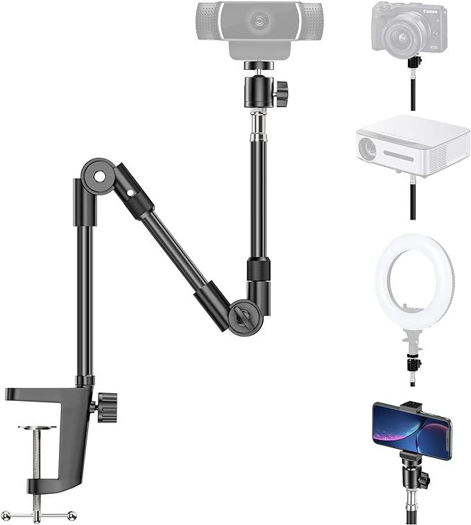 Photo 1 of KDD Webcam Stand Camera Mount with Phone Holder, 25 Inch Foldable Flexible Gooseneck Cell Phone Clamp & Table Projector Mount, for Logitech C922 C930e C920S C920 C960 Brio 4K, Gopro Hero 8 7 6 5
