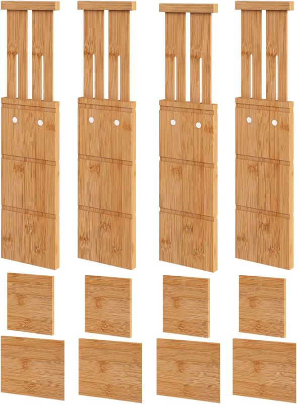 Photo 1 of 4.4" High Drawer Dividers with Inserts, Bamboo Drawer Dividers for Clothes, Expandable from 12-17.5", Adjustable drawer organizer for Bedroom, Kitchen & Office, 4 Dividers with 8 Insert.
