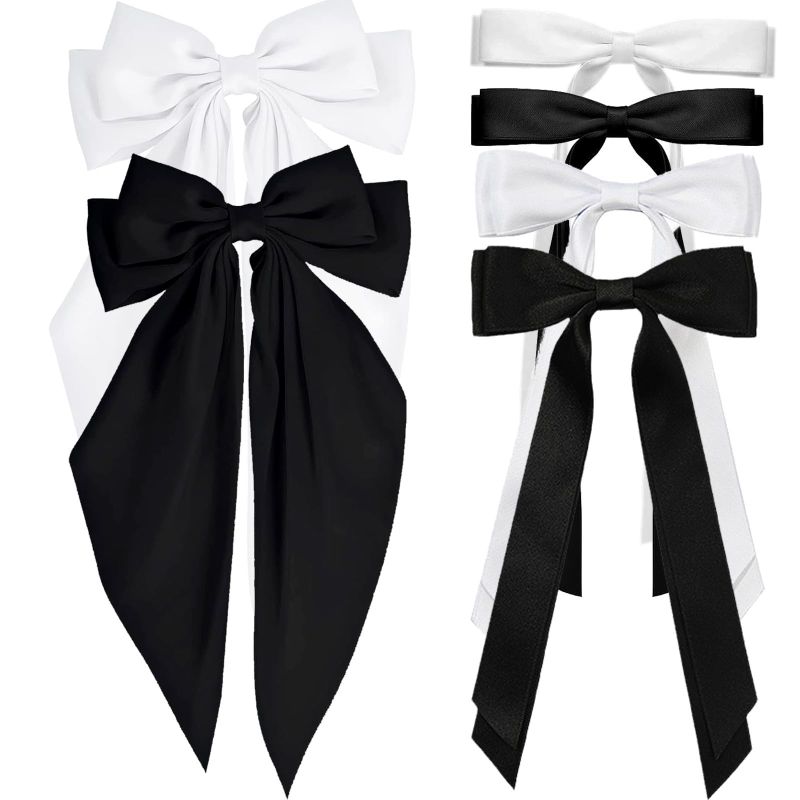 Photo 1 of 6pcs Hair Bows for Women Adults Girls, Hair Bows Clips Hair Ribbon Tassel with Long Tail, Cute Hair Accessories Silky Satin Barrettes Ponytail Holder Bow (Black & White, 3 Size) hair bow-6pcs