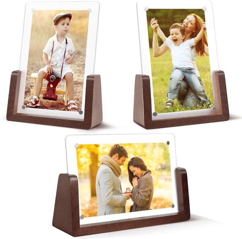 Photo 1 of  GONAT 4x6 Magnetic Picture Frames 3 Pack, Elegant Acrylic Photo Frame with Vintage Walnut Color Wooden Base for Tabletop Display and Desk Decor 