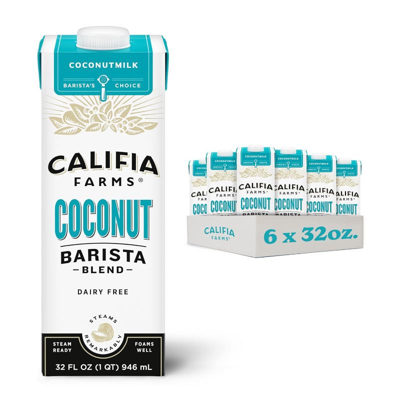 Photo 1 of  Califia Farms - Coconut Barista Blend Coconut Milk, 32 oz (Pack of 6), Shelf Stable, Dairy Free, Plant Based, Vegan, Gluten Free, Non GMO, Creamer BEST BY 24 AUG 2024