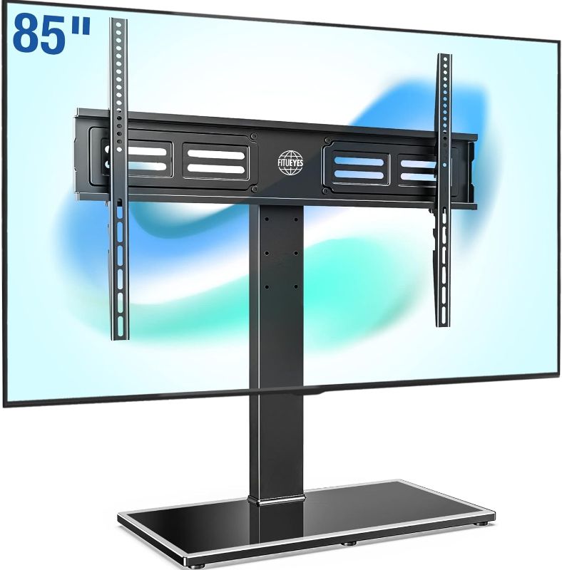 Photo 1 of  FITUEYES Universal TV Stand with Swivel Mount for 50-85 inch Flat Screens - Height Adjustable Tempered Glass Base Holds up to 143 lbs 