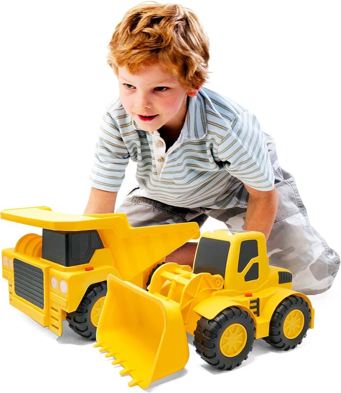 Photo 1 of  Boley Builders 2 Pack Construction Vehicles - Large Yellow Front Loader and Dump Truck with Lights and Sounds - Kids Construction Toys Set for Toddlers Boys and Girls 