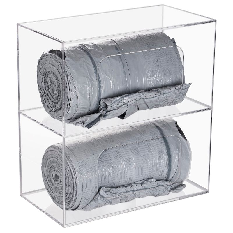 Photo 1 of  Trash Bag Dispenser Roll Holder, 2 Compartment Wall Mount Acrylic Kitchen Double Side Loaded Organizer Storage Box Holder for Garbage Bag Grocery Bag Plastic Bag(10.4 x 5.5 x 11inches) 