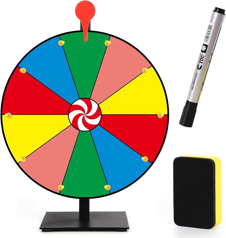 Photo 1 of 12-inch Spinning Prize Wheel,10 Slots Heavy Duty Color Tabletop Roulette Spinner of Fortune Spin The with Dry Erase Marker and Eraser Win Game for Trade Show, Carnival Classic Series
