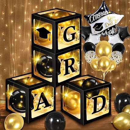 Photo 1 of 2024 Graduation Decorations Balloon Boxes Kit, with 4 LED Light Strings & 35 Decorative Balloons & Letters "GRAD'', Perfect for Graduation Party Decorations (LED-Black)