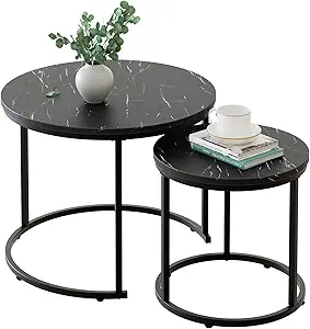 Photo 1 of aboxoo Round Nesting Coffee Table Side Set of 2 End Tables for Living Room Bedroom Balcony,Black Faux Marble Wooden Table 23.6IN Accent Large Coffee Table with Steel Frame