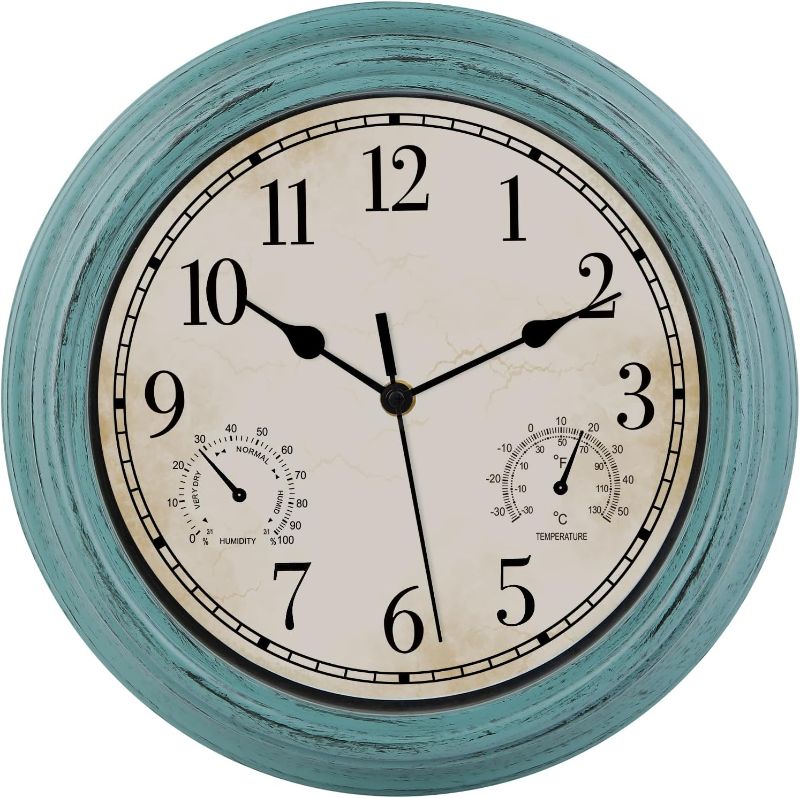 Photo 1 of 12 Inch Wall Clock Retro Waterproof Indoor/Outdoor Wall Clock with Thermometer and Hygrometer Battery Operated Round Non-Ticking Clock Decorative for Patio, Porch, Garden, Green
