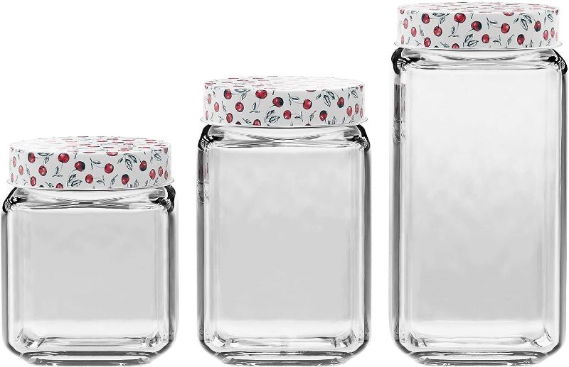 Photo 1 of American Atelier Clear Glass Jars | Set of 3 | Cherry Design on Airtight Lid
