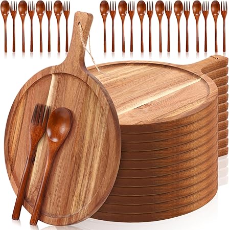 Photo 1 of 10 Sets Acacia Wood Cutting Board with Wooden Dinner Utensil Kitchen Chopping Boards with Flatware Spoon, Fork Round Wood Tray Charcuterie Serving Boards for Bread, Cheese (16 x 12 Inches)