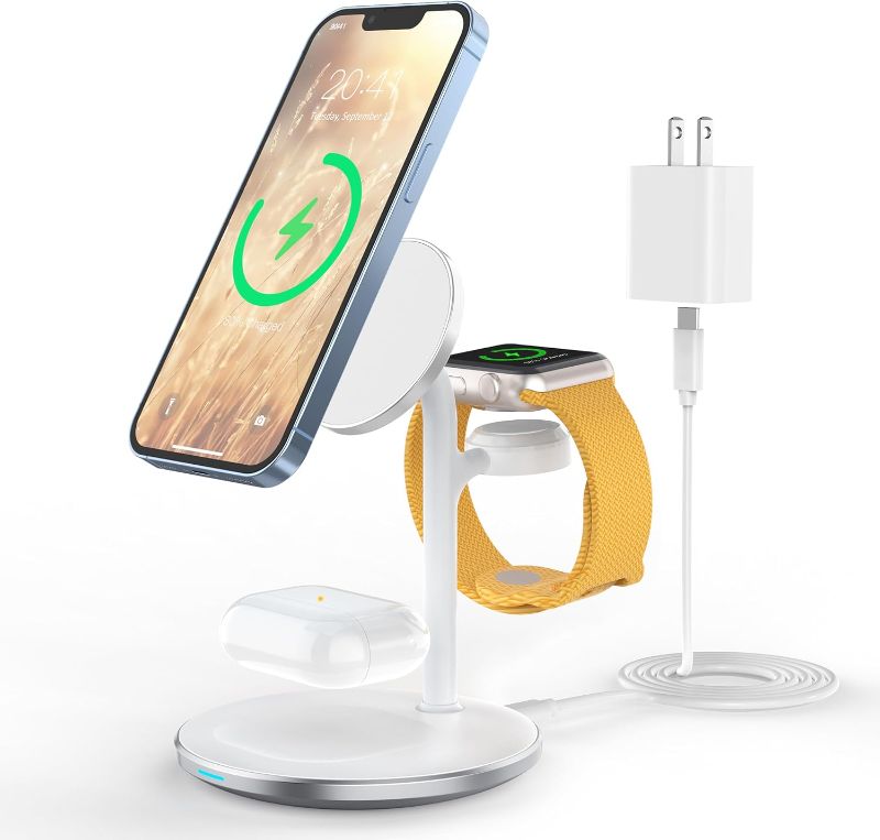 Photo 1 of 3 in 1 Wireless Charging Station for Apple Devices, Standard 15W Fast Wireless Mag-Safe Charger Stand with 20W Adapter for iPhone 15 14 13 12 Pro Max/Plus/Pro/Mini,iWatch Ultra 1,2 Series 9, AirPods 