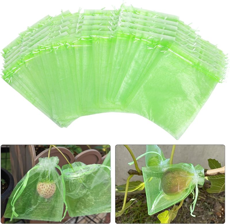 Photo 1 of 100 Pieces Green Fruit Protection Bags- 6x8 Inch Fruit Netting Bags with Drawstring,Garden Fruit Cover Mesh Bag to Protect Plants from Pest Birds Squirrels 