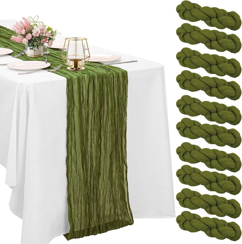 Photo 1 of 10 Pack Olive Green Cheesecloth Table Runner 6FT Boho Gauze Fabric Table Runner Vintage Rustic Sheer Runners for Wedding Party Bridal Baby Shower Long Table Decorations